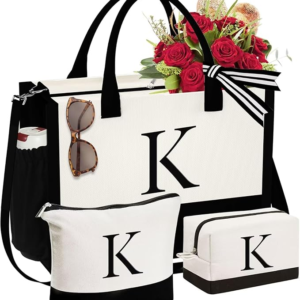 YOOLIFE Valentines Day Gifts for Women - Initial Canvas Tote Bag & Makeup Bag